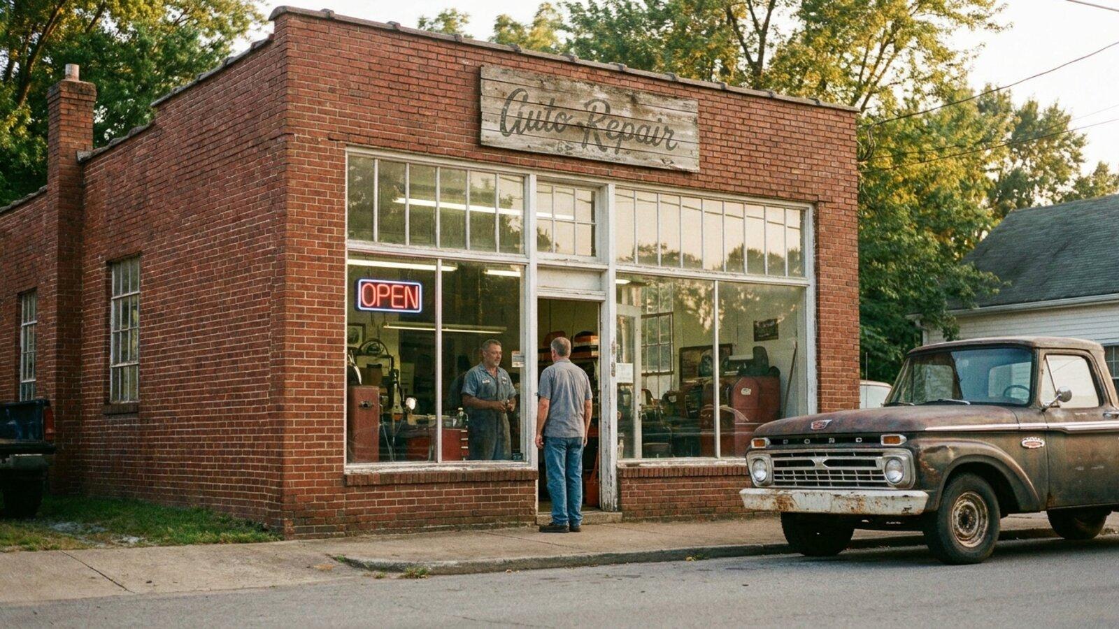 An independent local repair shop storefront with an open sign — the kind of owner-operated business that partners with ShopGiv.