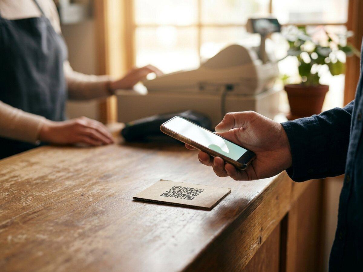 A customer scanning a ShopGiv QR code at the shop counter to send their giveback to a local cause.
