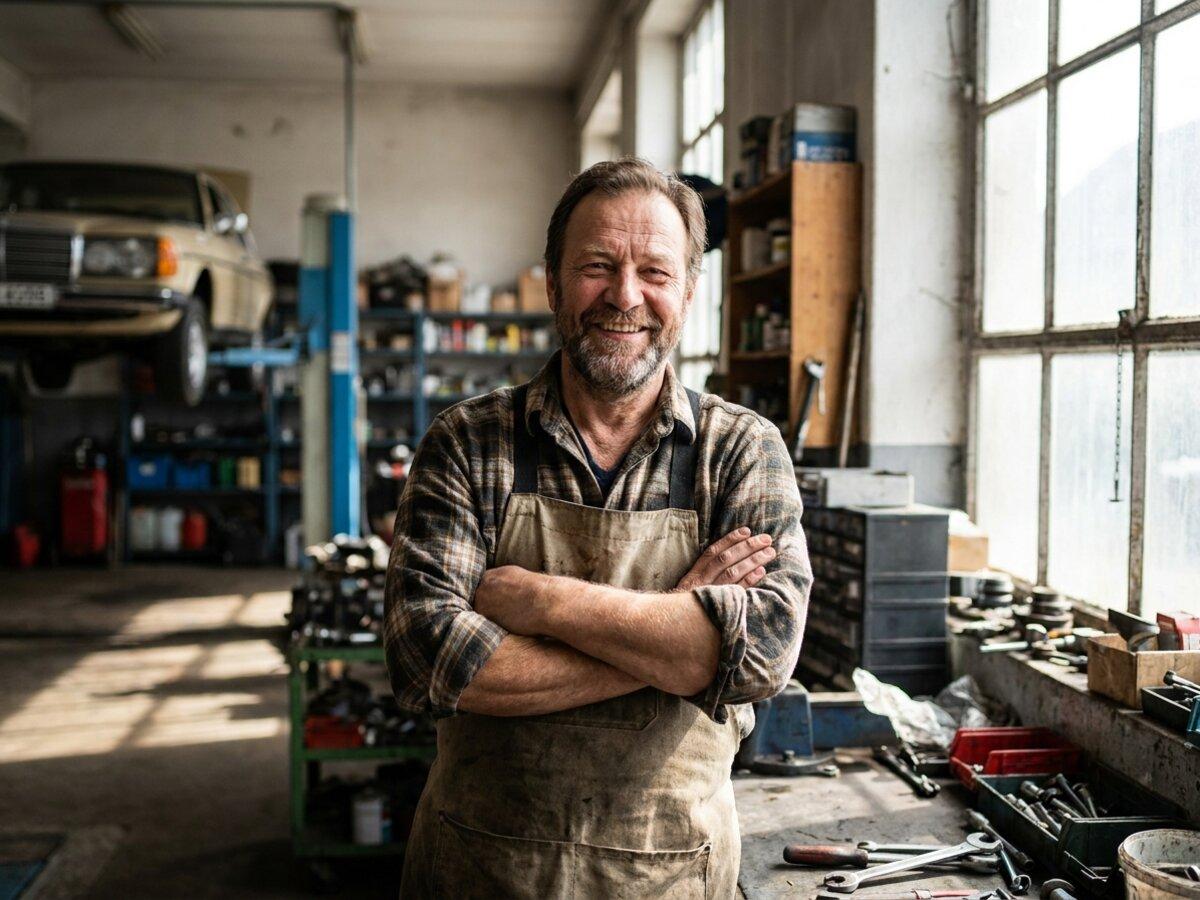 Portrait of an independent shop owner standing in their workspace — the local trades and service businesses ShopGiv is built for.