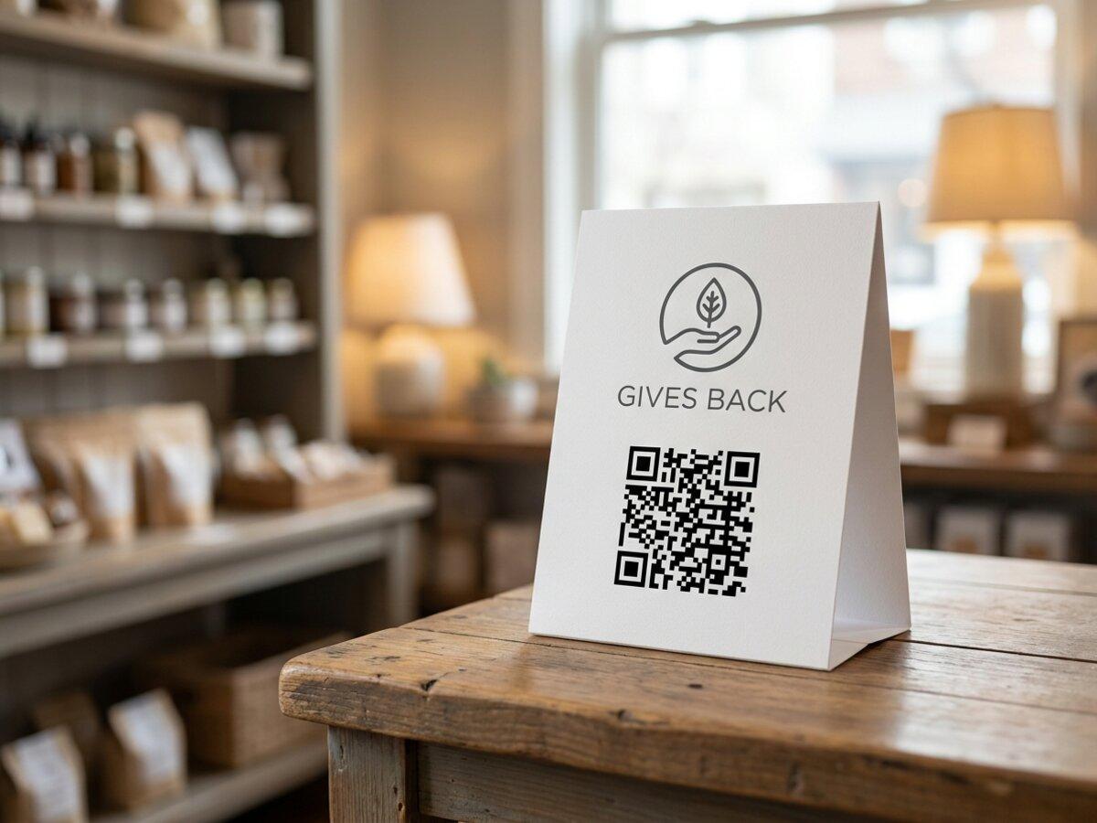 A printed ShopGiv countertop tent card showing a shop's giveback badge and a scannable QR code.
